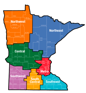Minnesota map divided into 7 main regions: Northwest, Northeast, Central, Metro, Southwest, South Central and Southeast.