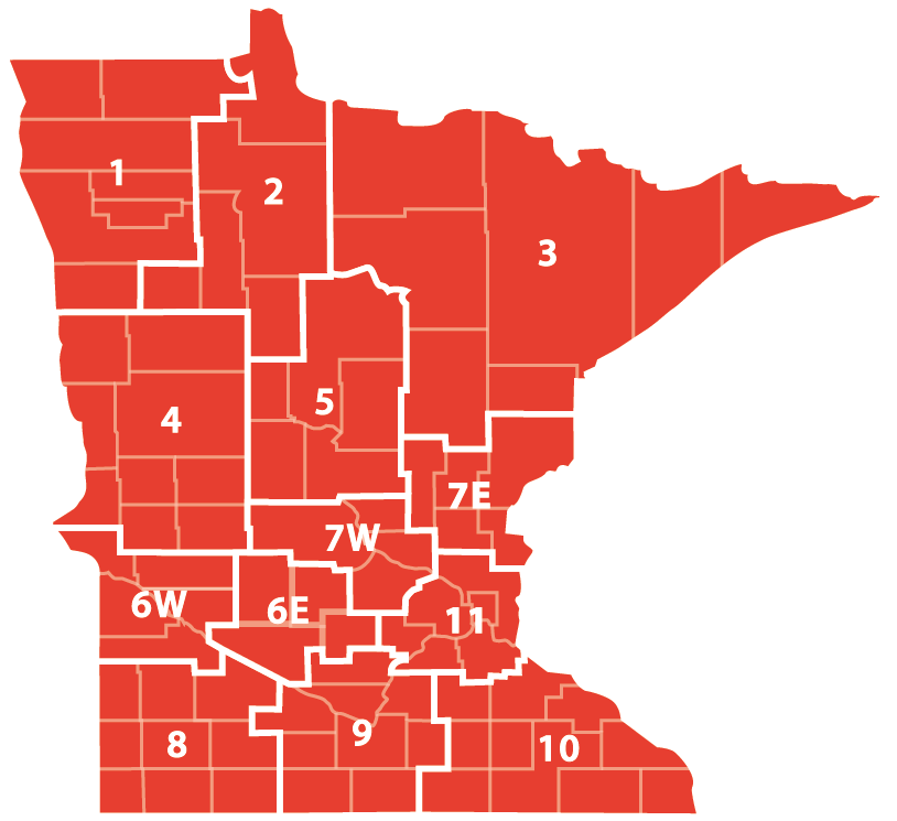 Minnesota State Regions: 1, 2, 3, 4 5, 7, 6, 7, 8, 9, 10 and 11